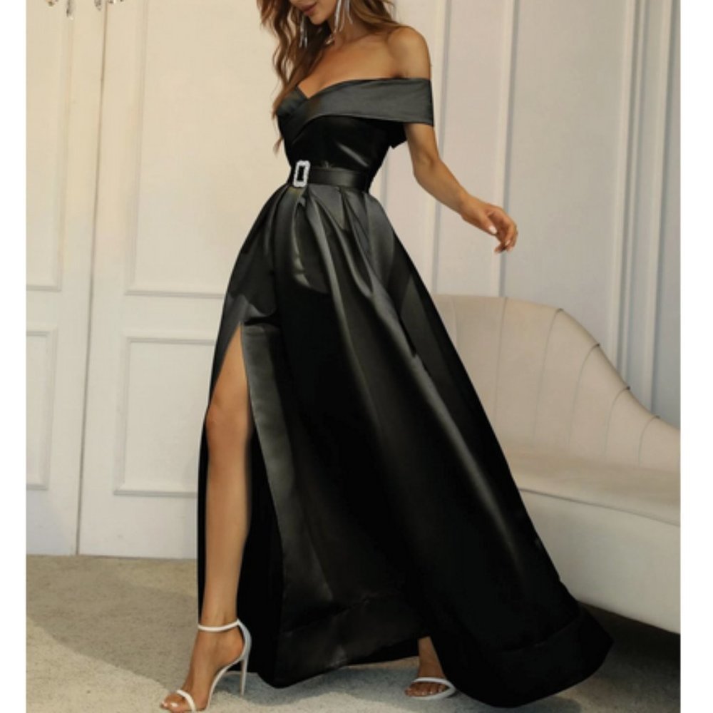 Off Shoulder Boxy Pleated Split Thigh Prom Maxi Dress Black - Picture 2 of 8